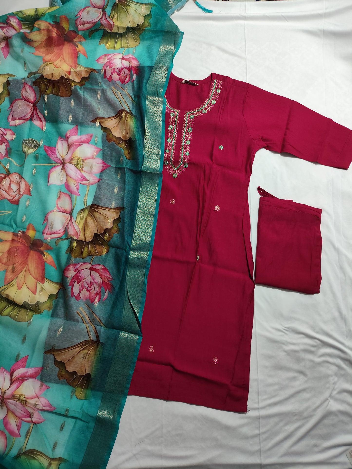 Women Floral Embroidered Pink Kurti Set with Lotus Print Dupatta. pocket available