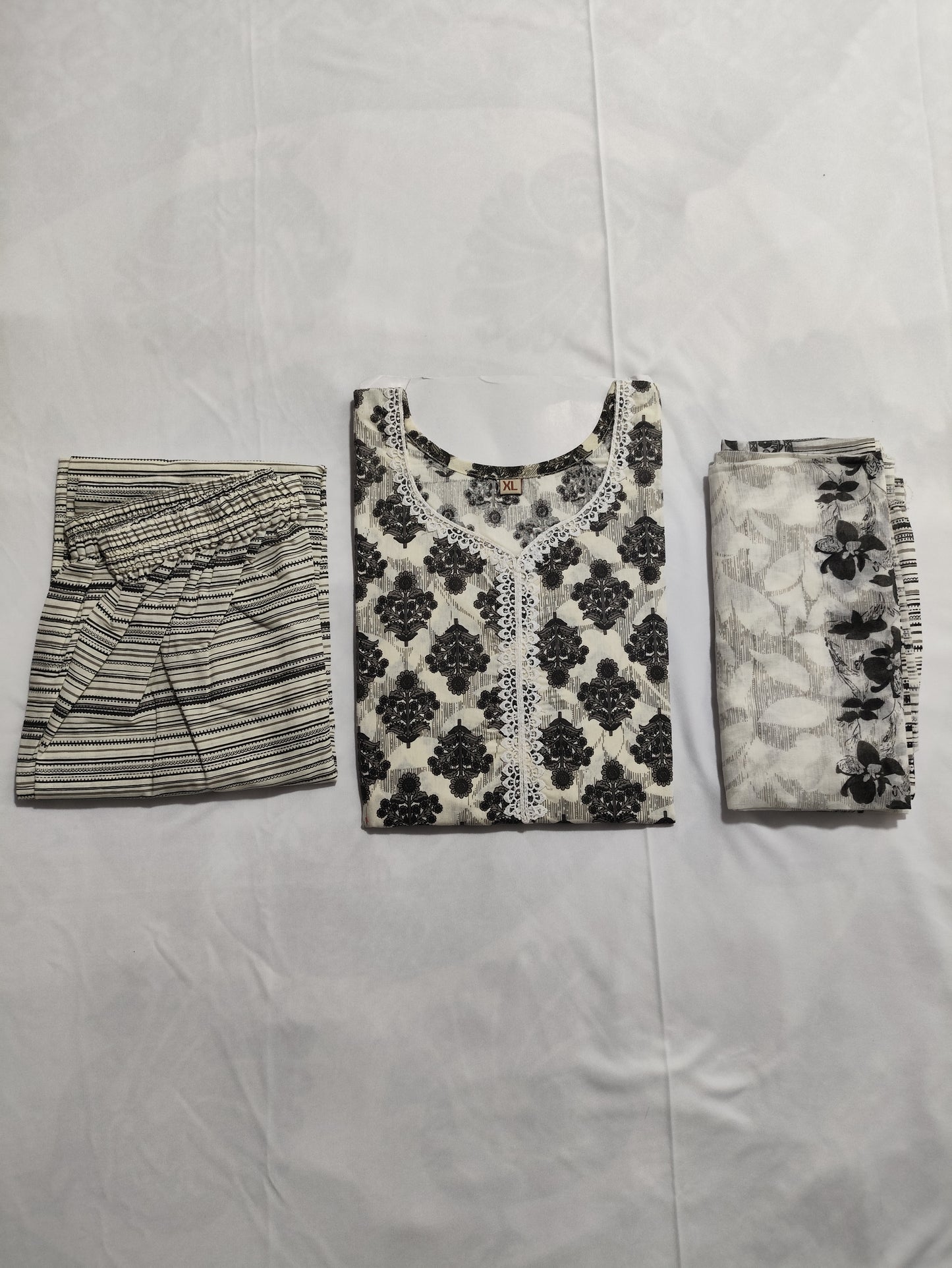Monochrome Cotton 3-Piece Kurti Set | Floral Kurti, Stripe Pant, Printed Dupatta