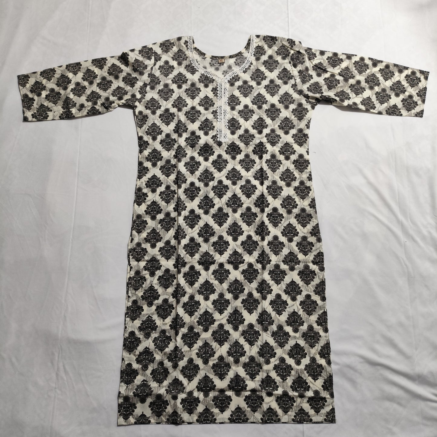Monochrome Cotton 3-Piece Kurti Set | Floral Kurti, Stripe Pant, Printed Dupatta