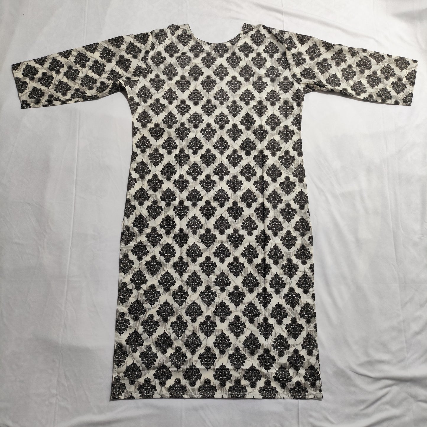 Monochrome Cotton 3-Piece Kurti Set | Floral Kurti, Stripe Pant, Printed Dupatta