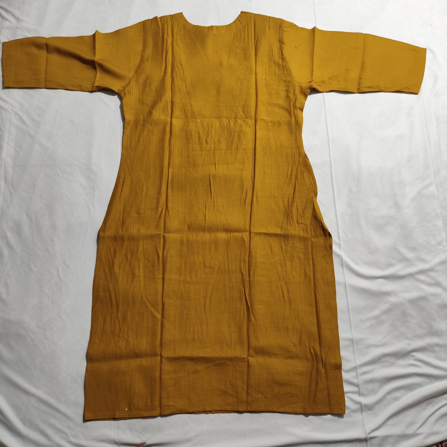 Mustard Yellow Viscose Kurti with black Embroidered Neckline, pocket available