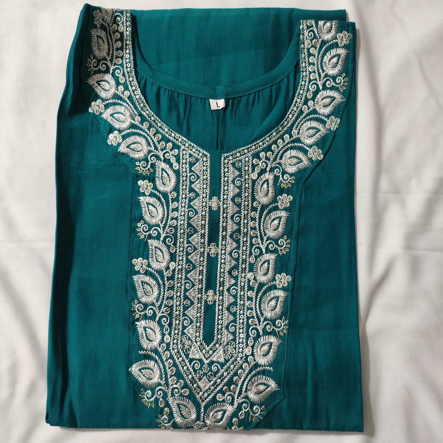 Durga Puja Special – Roman Silk Kurti with Elegant White Embroidery