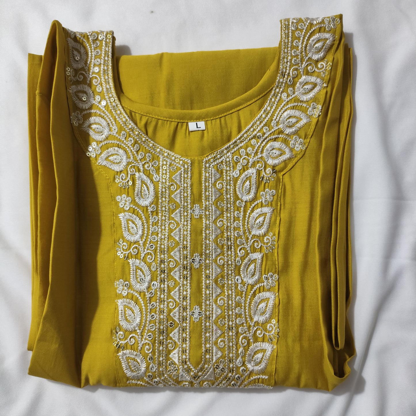 Durga Puja Special – Roman Silk Kurti with Elegant White Embroidery