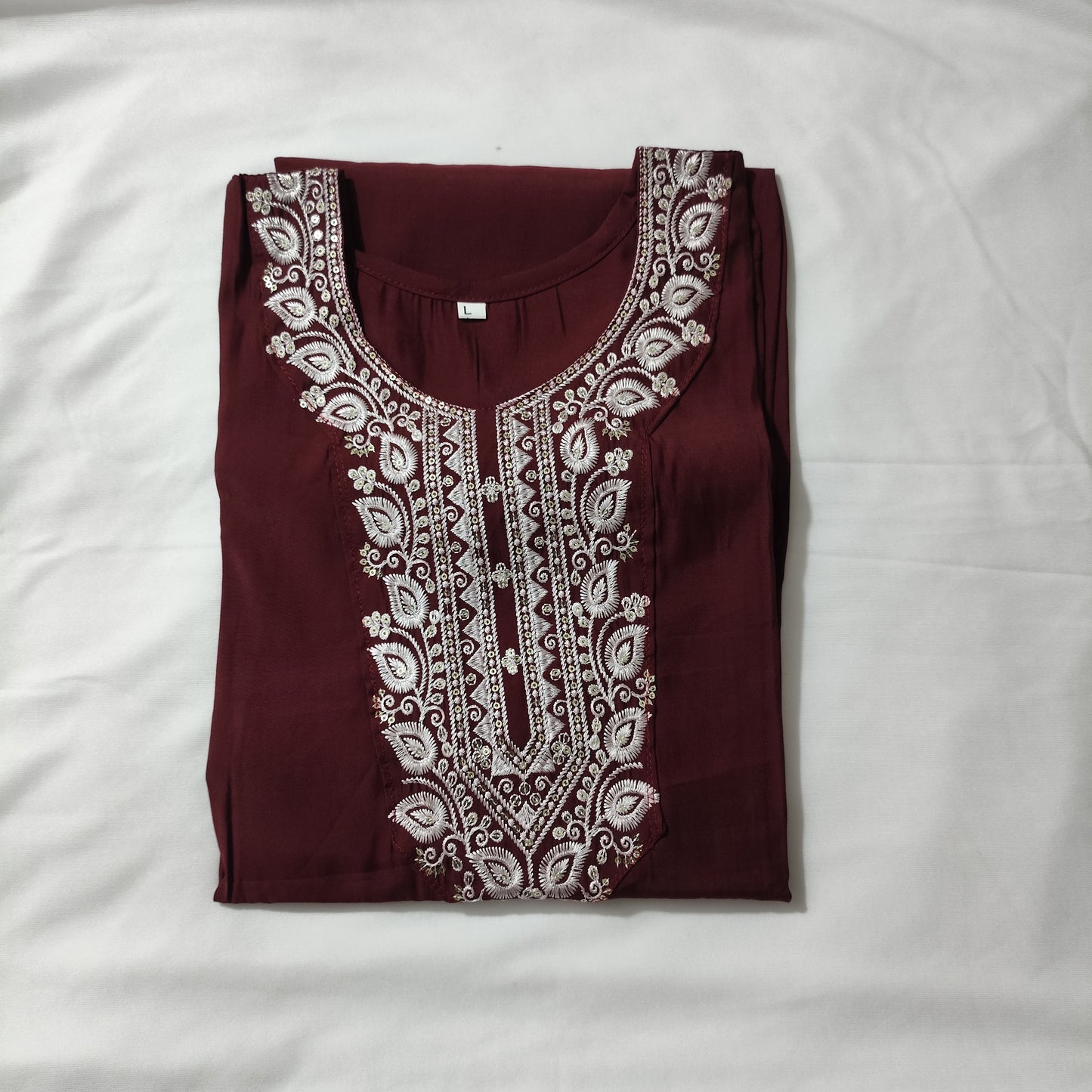 Durga Puja Special – Roman Silk Kurti with Elegant White Embroidery