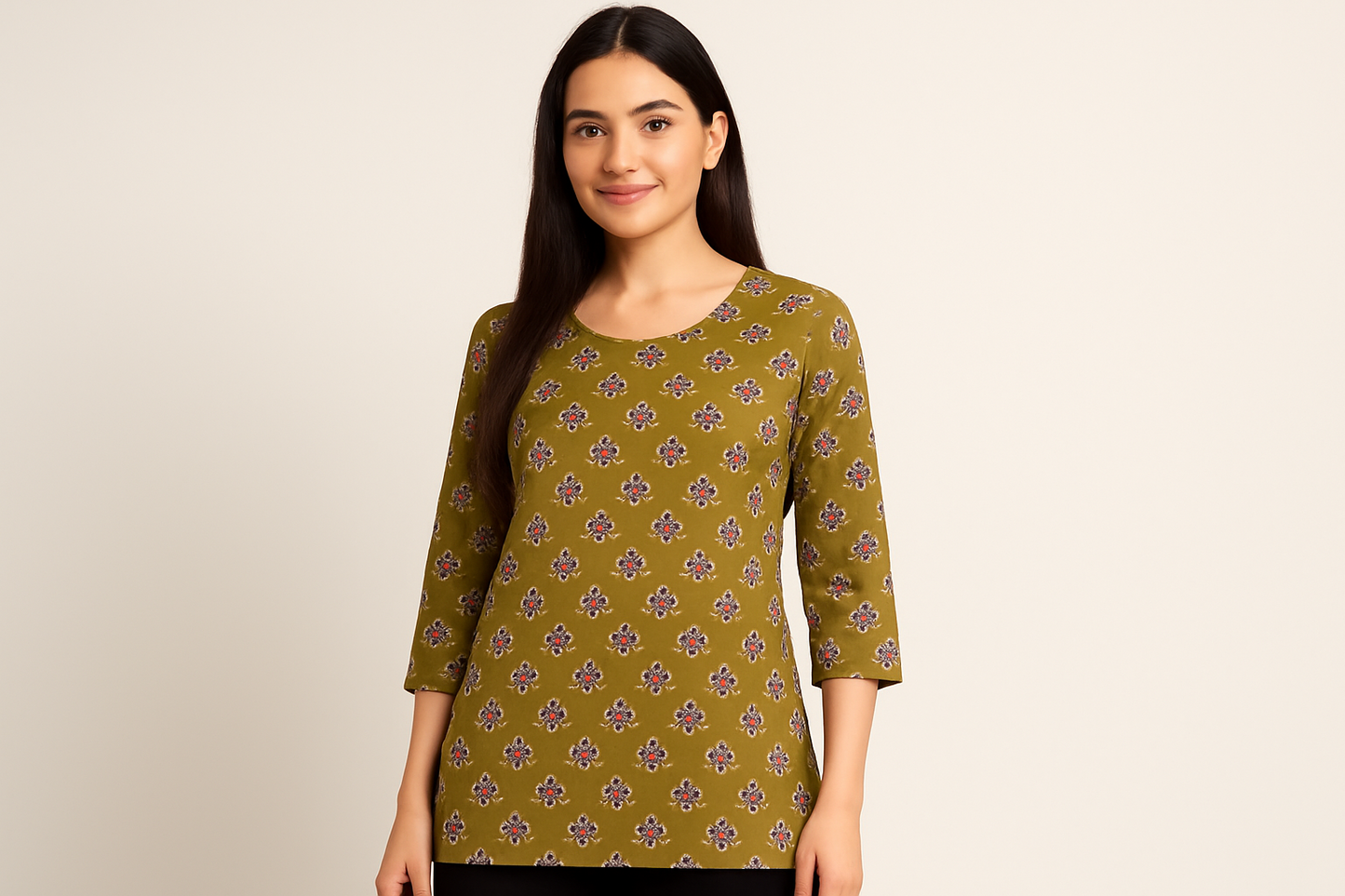 Stylish Olive Green Printed Cotton Kurti – Perfect Daily & Festive Wear