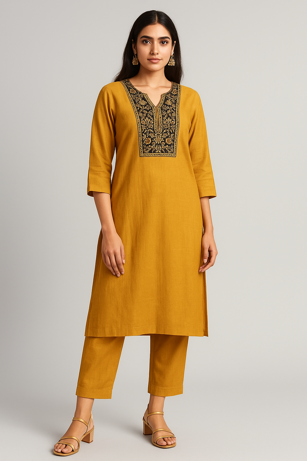Mustard Yellow Viscose Kurti with black Embroidered Neckline, pocket available