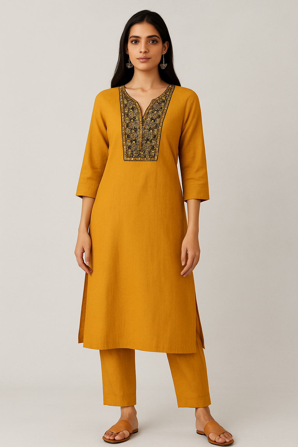 Mustard Yellow Viscose Kurti with black Embroidered Neckline, pocket available