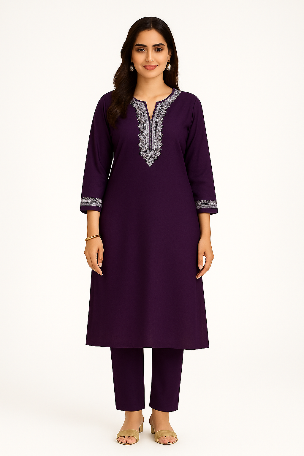 Durga Puja Special – Roman Silk Kurti with Elegant White Embroidery