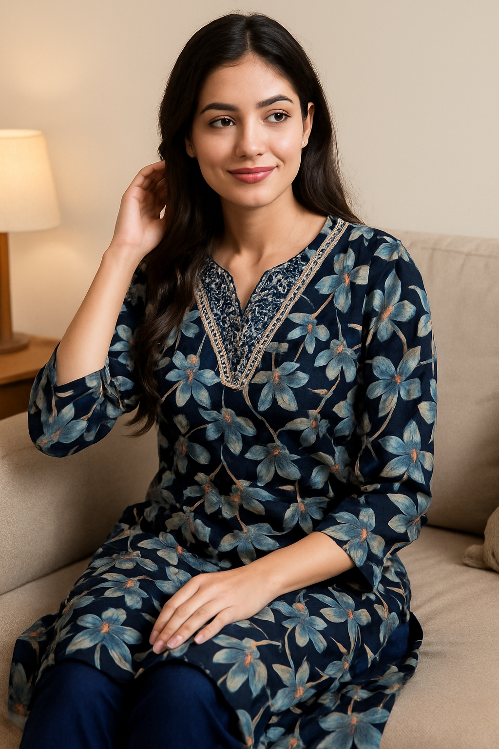 Everyday‑to‑Festive Rayon Kurti Set | Floral Print, V‑Neck, Smart Fit Pant . pocket available
