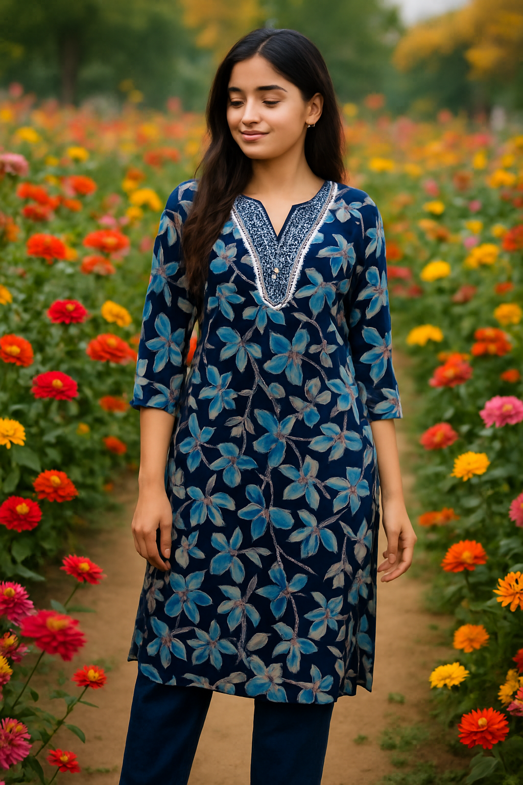 Everyday‑to‑Festive Rayon Kurti Set | Floral Print, V‑Neck, Smart Fit Pant . pocket available