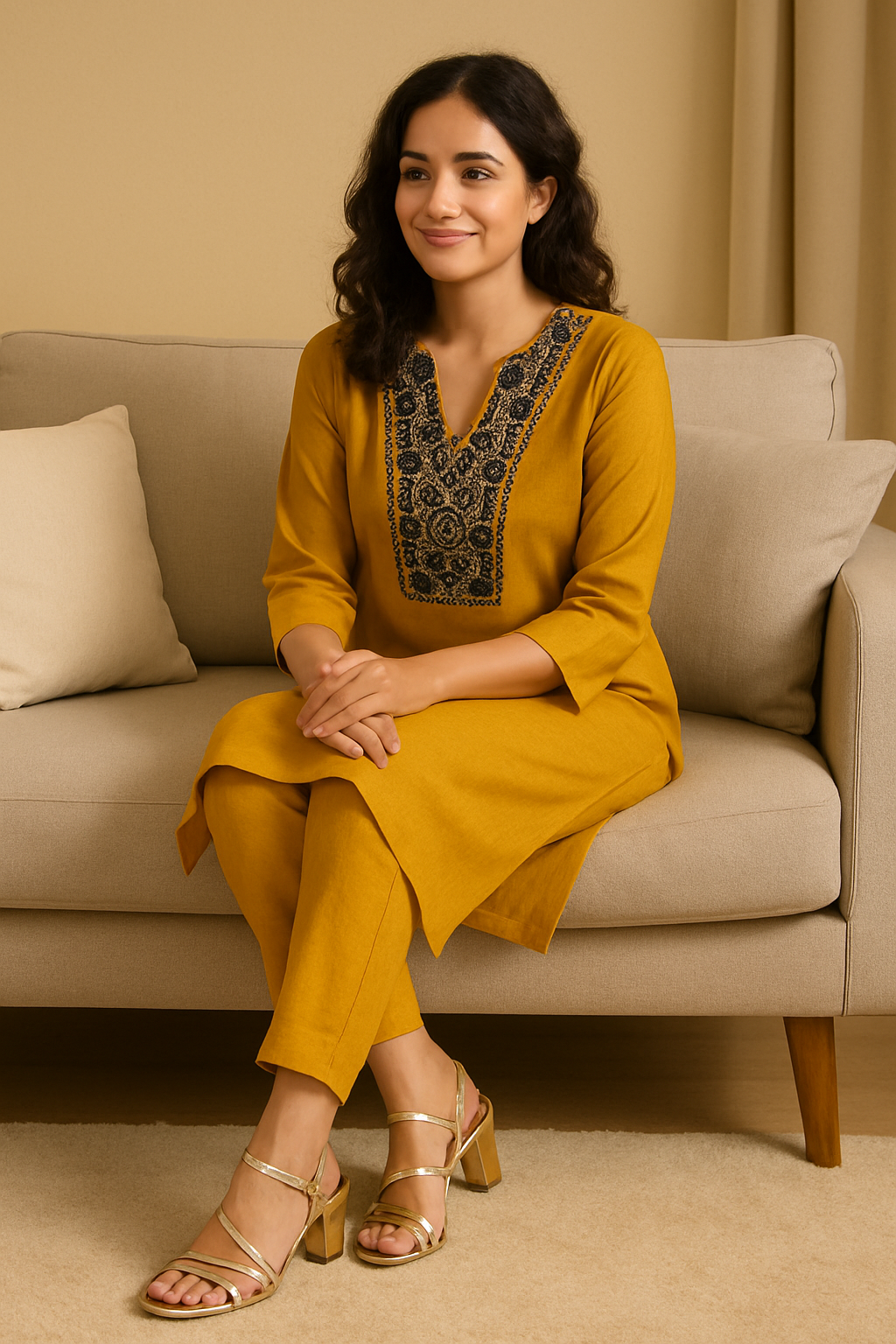 Mustard Yellow Viscose Kurti with black Embroidered Neckline, pocket available