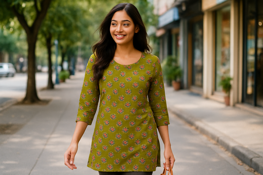 Stylish Olive Green Printed Cotton Kurti – Perfect Daily & Festive Wear