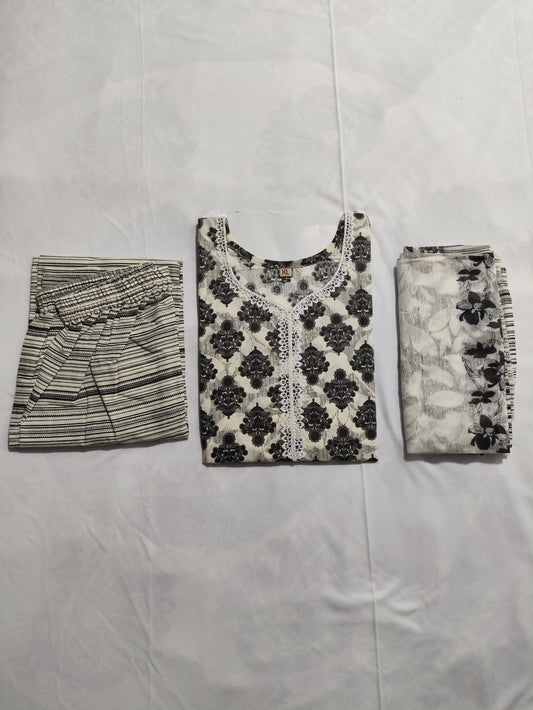 Monochrome Cotton 3-Piece Kurti Set | Floral Kurti, Stripe Pant, Printed Dupatta