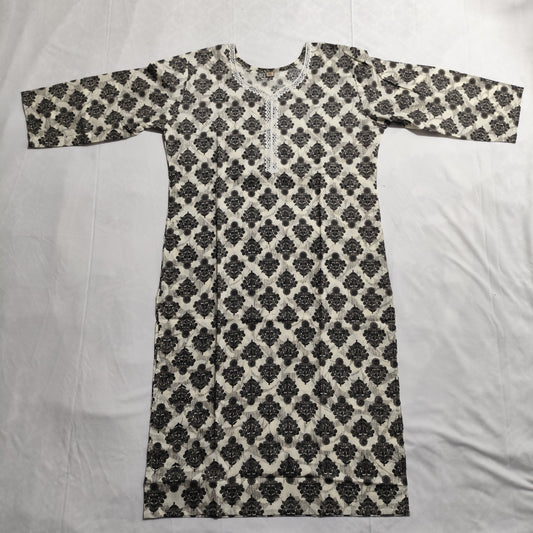 Monochrome Cotton 3-Piece Kurti Set | Floral Kurti, Stripe Pant, Printed Dupatta
