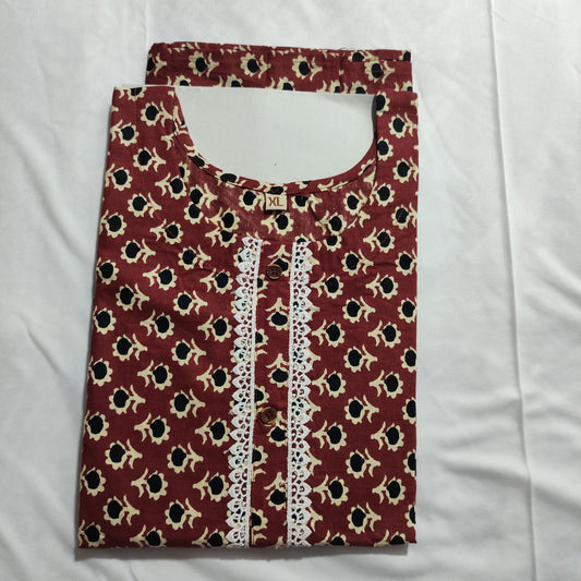 Elegant Maroon Floral Cotton Kurti with Lace Detailing – Comfort Fit for Festive & Daily Wear