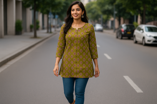 Stylish Olive Green Printed Cotton Kurti – Perfect Daily & Festive Wear