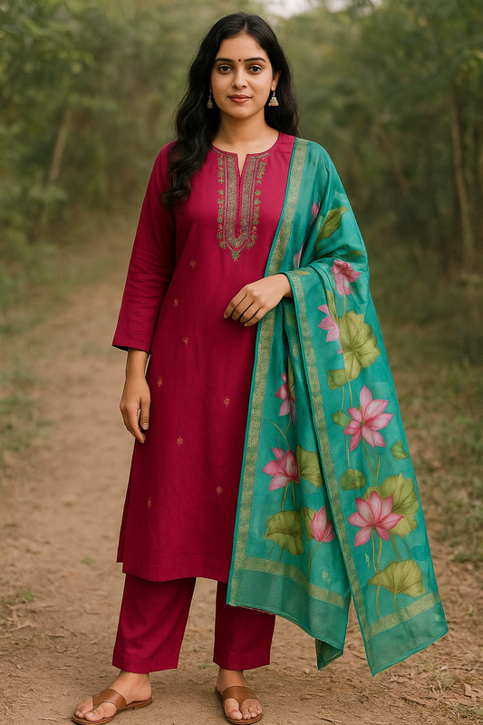 Women Floral Embroidered Pink Kurti Set with Lotus Print Dupatta. pocket available
