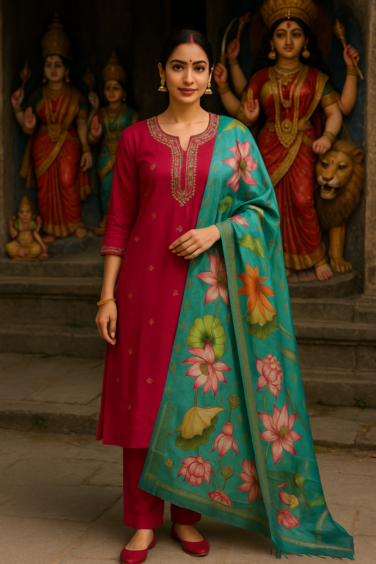 Women Floral Embroidered Pink Kurti Set with Lotus Print Dupatta. pocket available