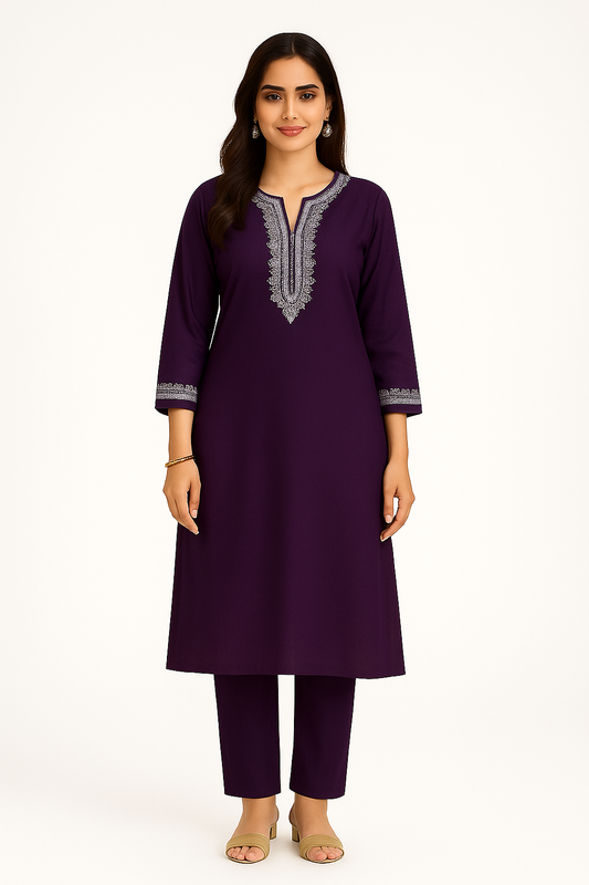 Durga Puja Special –  Roman Silk Kurti with Elegant White Embroidery