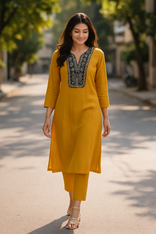 Mustard Yellow Viscose Kurti with black Embroidered Neckline, pocket available