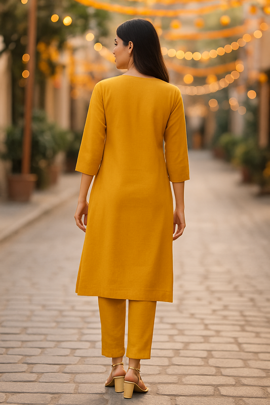 Mustard Yellow Viscose Kurti with black Embroidered Neckline, pocket available