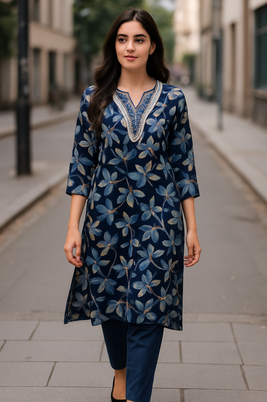 Everyday‑to‑Festive Rayon Kurti Set | Floral Print, V‑Neck, Smart Fit Pant . pocket available