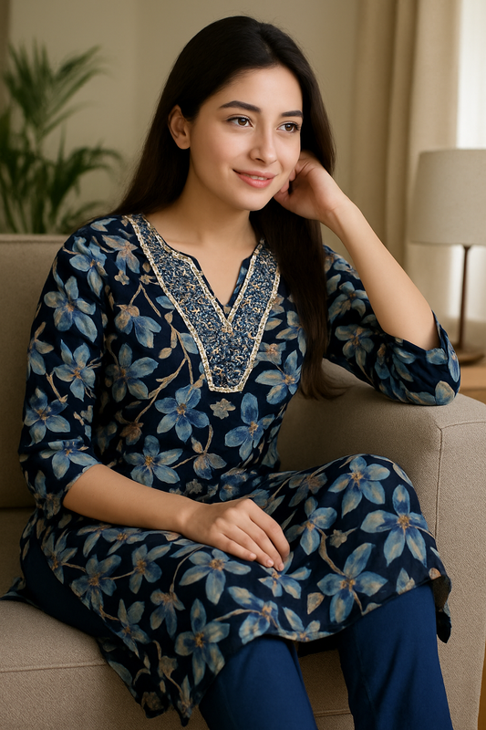 Everyday‑to‑Festive Rayon Kurti Set | Floral Print, V‑Neck, Smart Fit Pant . pocket available